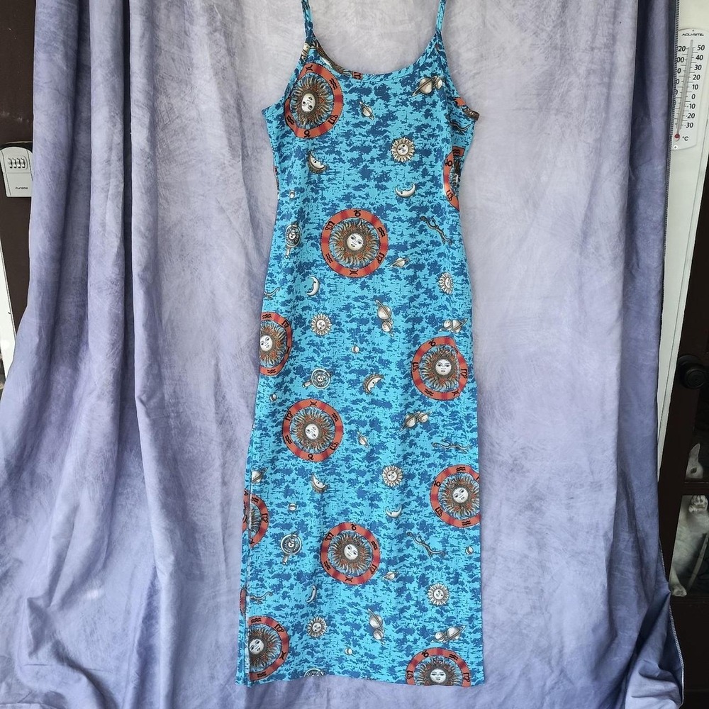 Vintage 90's Celestial Sun Moon Zodiac Print Maxi Dress Blue Made in USA